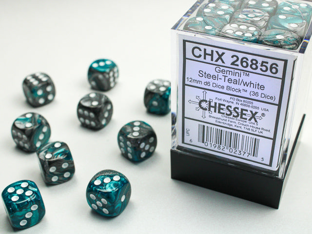 Chessex - Gemini Steel-Teal/white 12mm d6 Dice Block (36 dice)