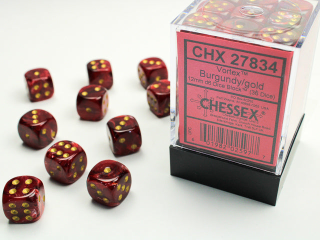 Chessex - Vortex Burgundy/gold 12mm d6 Dice Block (36 dice)