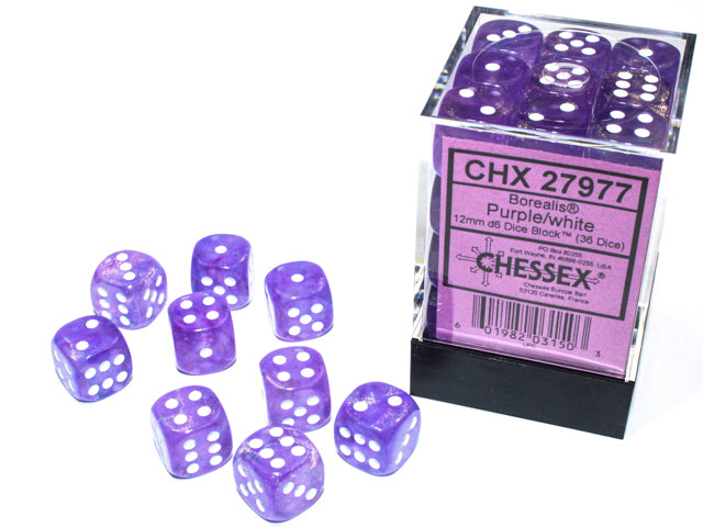 Chessex - Borealis Purple/white Luminary 12mm d6 Dice Block (36 dice)