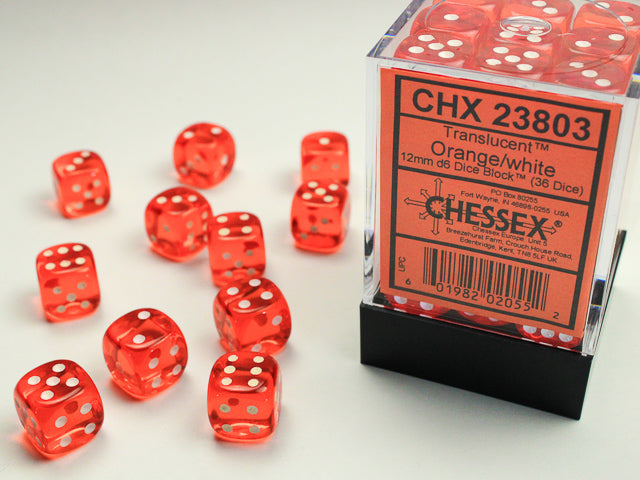 Chessex - Translucent Orange/white 12mm d6 Dice Block (36 dice)