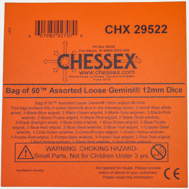 Chessex: Bag of 50 Assorted Loose Gemini 12mm w/pips d6 Dice