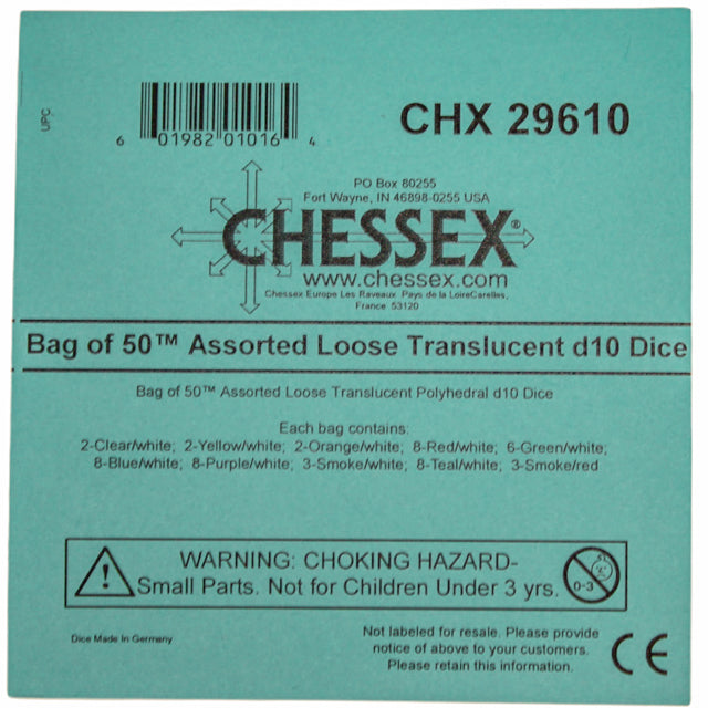 Chessex: Bag of 50 Assorted Loose Translucent Polyhedral d10 Dice