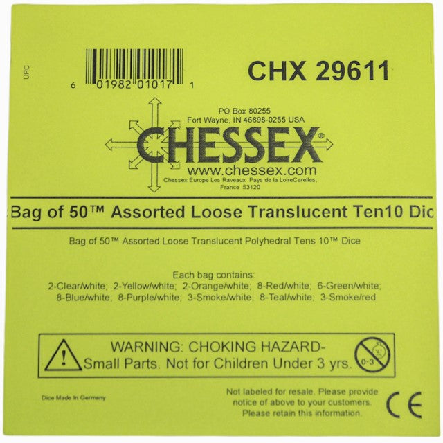 Chessex: Bag of 50 Assorted Loose Translucent Polyhedral Tens d10 Dice