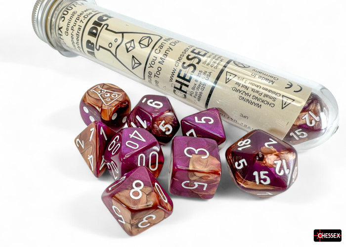 Chessex - Lab Dice Gemini Copper-Purple/white Polyhedral 7-Dice Set (with bonus die)