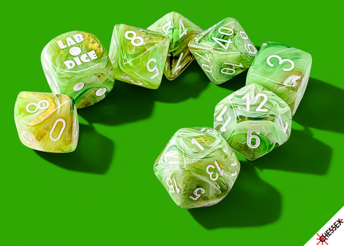 Chessex - Lab Dice Marble Sour Green/white Polyhedral 7-Dice Set (with bonus die)