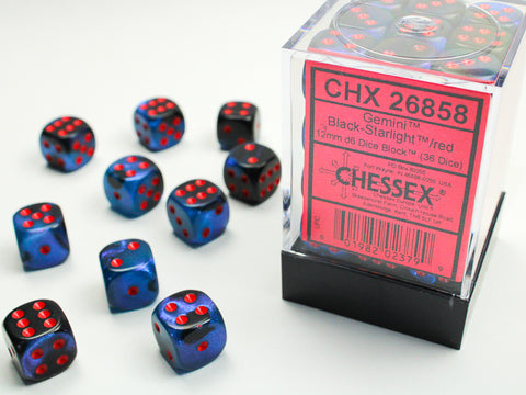 Chessex - Gemini Black-Starlight/red 12mm d6 Dice Block (36 dice)