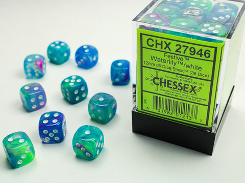Chessex - Festive Waterlily/white 12mm d6 Dice Block (36 dice)