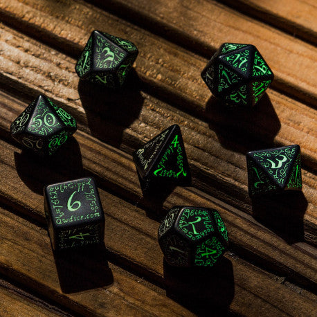 Q Workshop - Elvish: Black & glow-in-the-dark 7pc RPG Dice Set