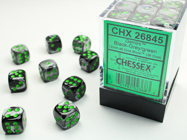 Chessex - Gemini Black-Grey/green 12mm d6 Dice Block (36 dice)