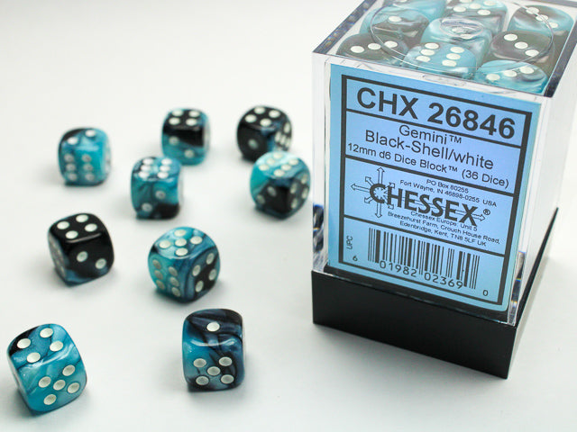 Chessex - Gemini Black-Shell/white 12mm d6 Dice Block (36 dice)