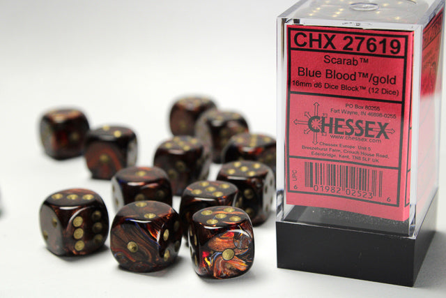Chessex - Scarab Blue Blood/gold 16mm d6 Dice Block (12 dice)