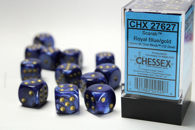 Chessex - Scarab Royal Blue/gold 16mm d6 Dice Block (12 dice)