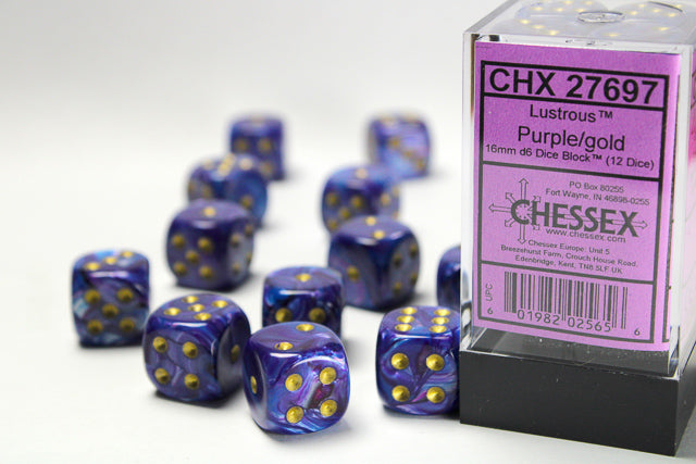 Chessex - Lustrous Purple/gold 16mm d6 Dice Block (12 dice)