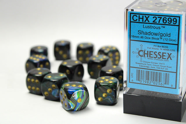 Chessex - Lustrous Shadow/gold 16mm d6 Dice Block (12 dice)