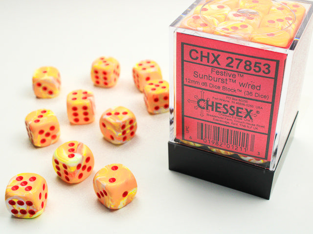 Chessex - Festive Sunburst/red 12mm d6 Dice Block (36 dice)