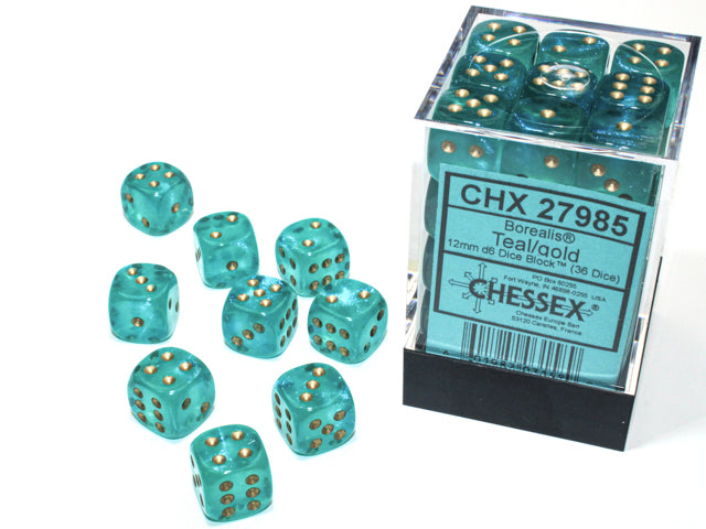 Chessex - Borealis Teal/gold Luminary 12mm d6 Dice Block (36 dice)
