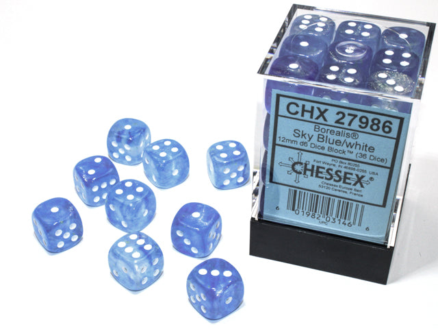 Chessex - Borealis Sky Blue/white Luminary 12mm d6 Dice Block (36 dice)