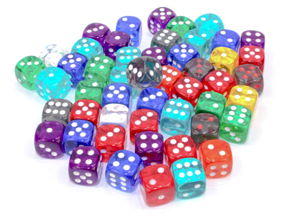 Chessex: Bag of 50 Assorted Loose d6 Dice: Translucent 12mm w/pips