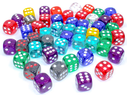 Chessex: Bag of 50 Assorted Loose d6 Dice: Translucent 16mm w/pips