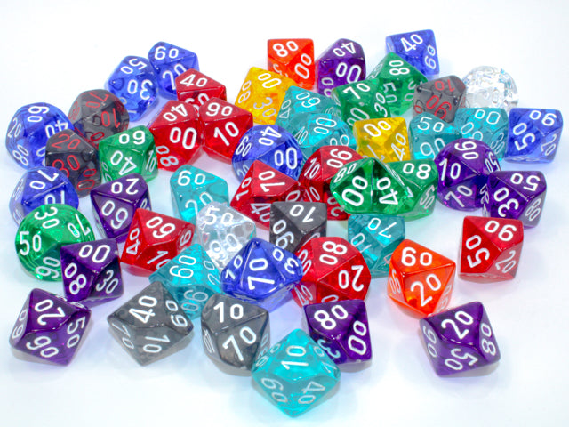 Chessex: Bag of 50 Assorted Loose Translucent Polyhedral Tens d10 Dice