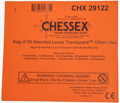 Chessex: Bag of 50 Assorted Loose d6 Dice: Translucent 12mm w/pips