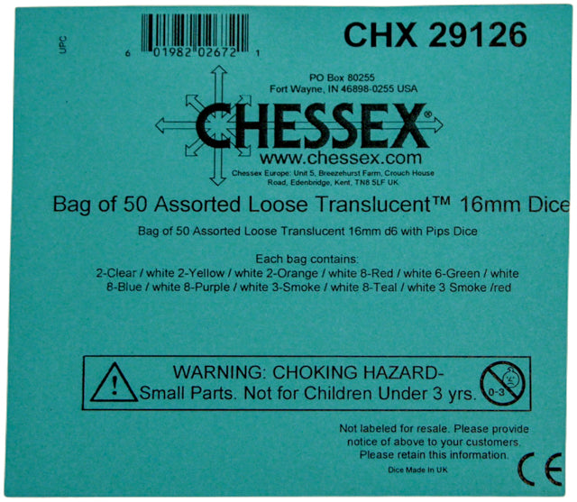 Chessex: Bag of 50 Assorted Loose d6 Dice: Translucent 16mm w/pips