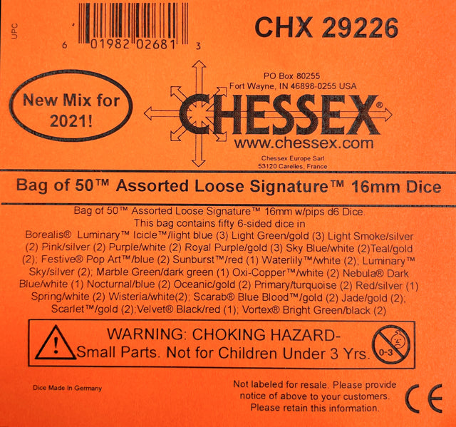 Chessex: Bag of 50 Assorted Loose Signature 16mm w/pips d6 Dice