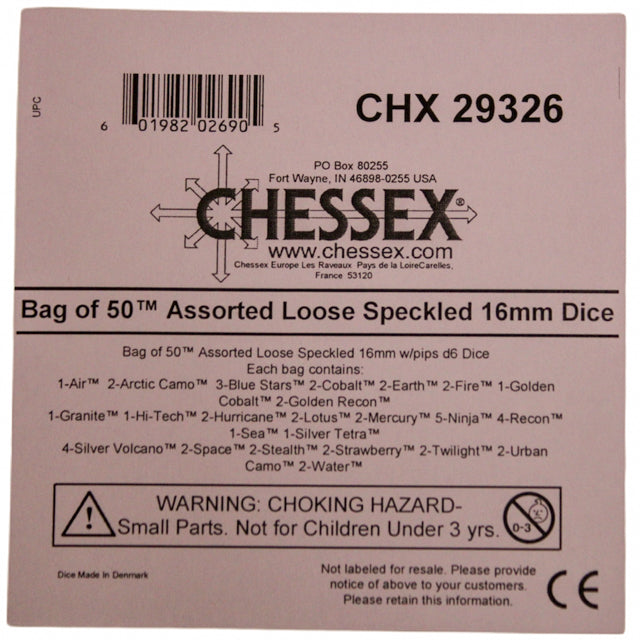 Chessex: Bag of 50 Assorted Loose Speckled 16mm w/pips d6 Dice