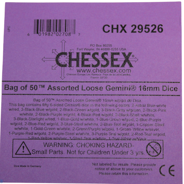 Chessex: Bag of 50 Assorted Loose Gemini 16mm w/pips d6 Dice