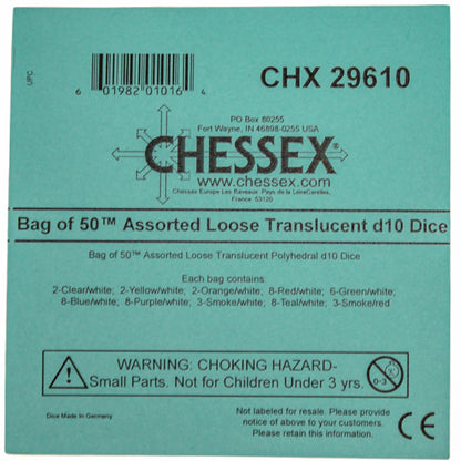 Chessex: Bag of 50 Assorted Loose Translucent Polyhedral d10 Dice