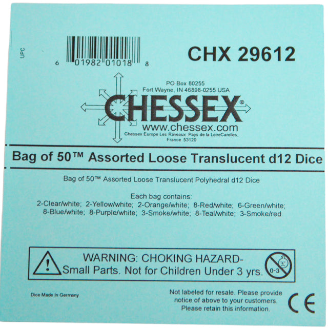 Chessex: Bag of 50 Assorted Loose Translucent Polyhedral d12 Dice