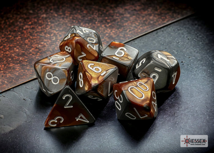 Chessex - Gemini Copper-Steel/white Polyhedral 7-Dice Set