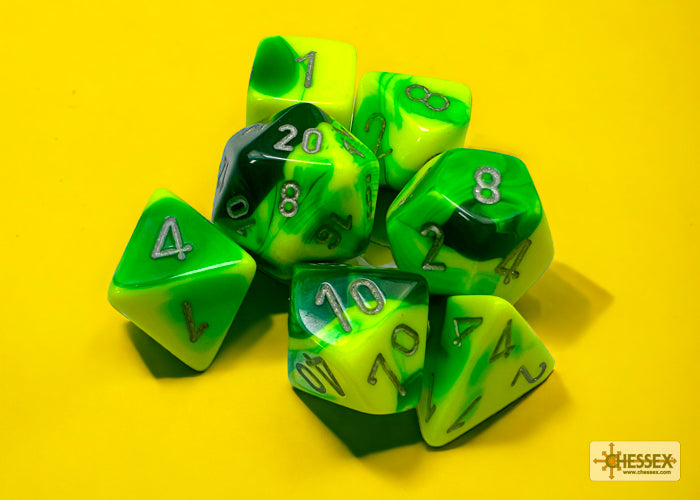 Chessex - Gemini Green-Yellow/silver Polyhedral 7-Dice Set