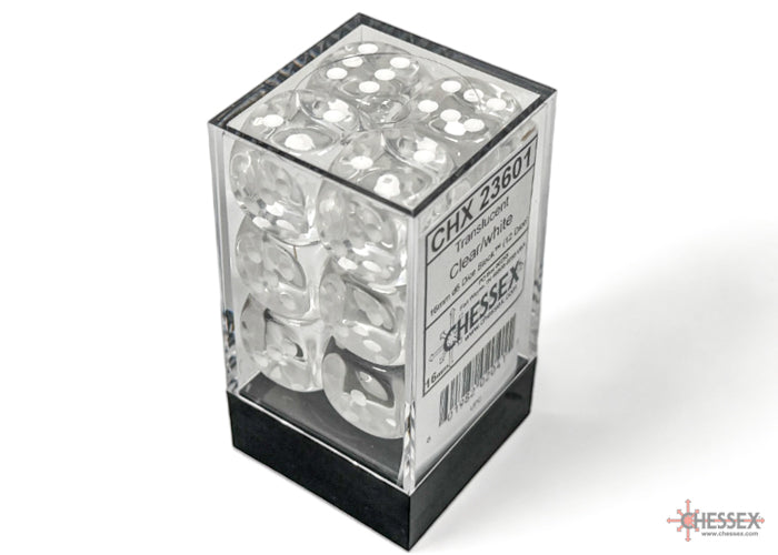 Chessex - Translucent Clear/white 16mm d6 Dice Block (12 dice)