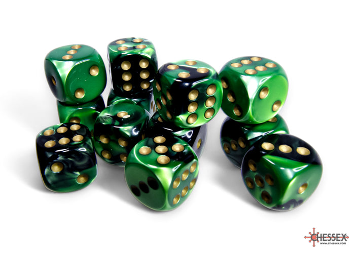 Chessex - Gemini Black-Green/gold 16mm d6 Dice Block (12 dice)