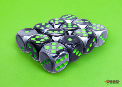 Chessex - Gemini Black-Grey/green 16mm d6 Dice Block (12 dice)