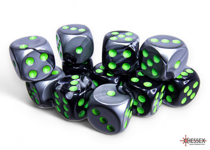 Chessex - Gemini Black-Grey/green 16mm d6 Dice Block (12 dice)