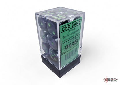 Chessex - Gemini Black-Grey/green 16mm d6 Dice Block (12 dice)