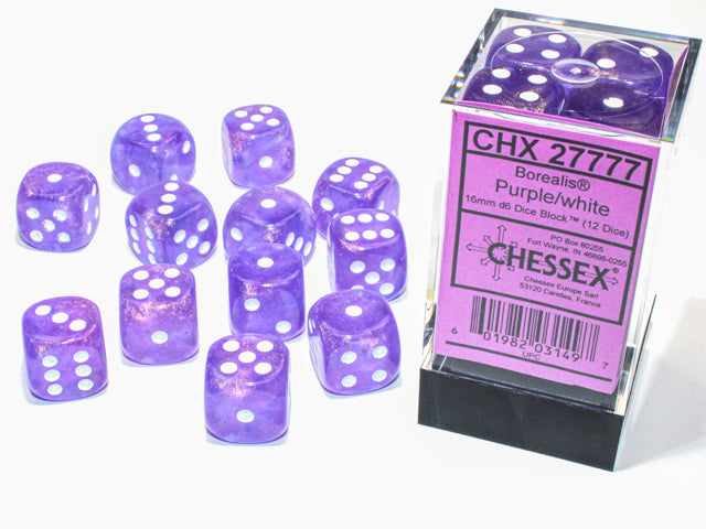 Chessex - Borealis Purple/white Luminary 16mm d6 Dice Block (12 dice)