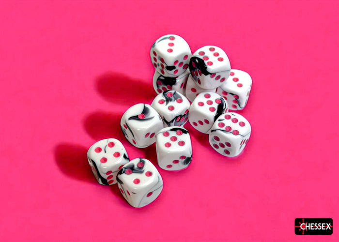 Chessex - Gemini Black-White/pink 16mm d6 Dice Block (12 dice)