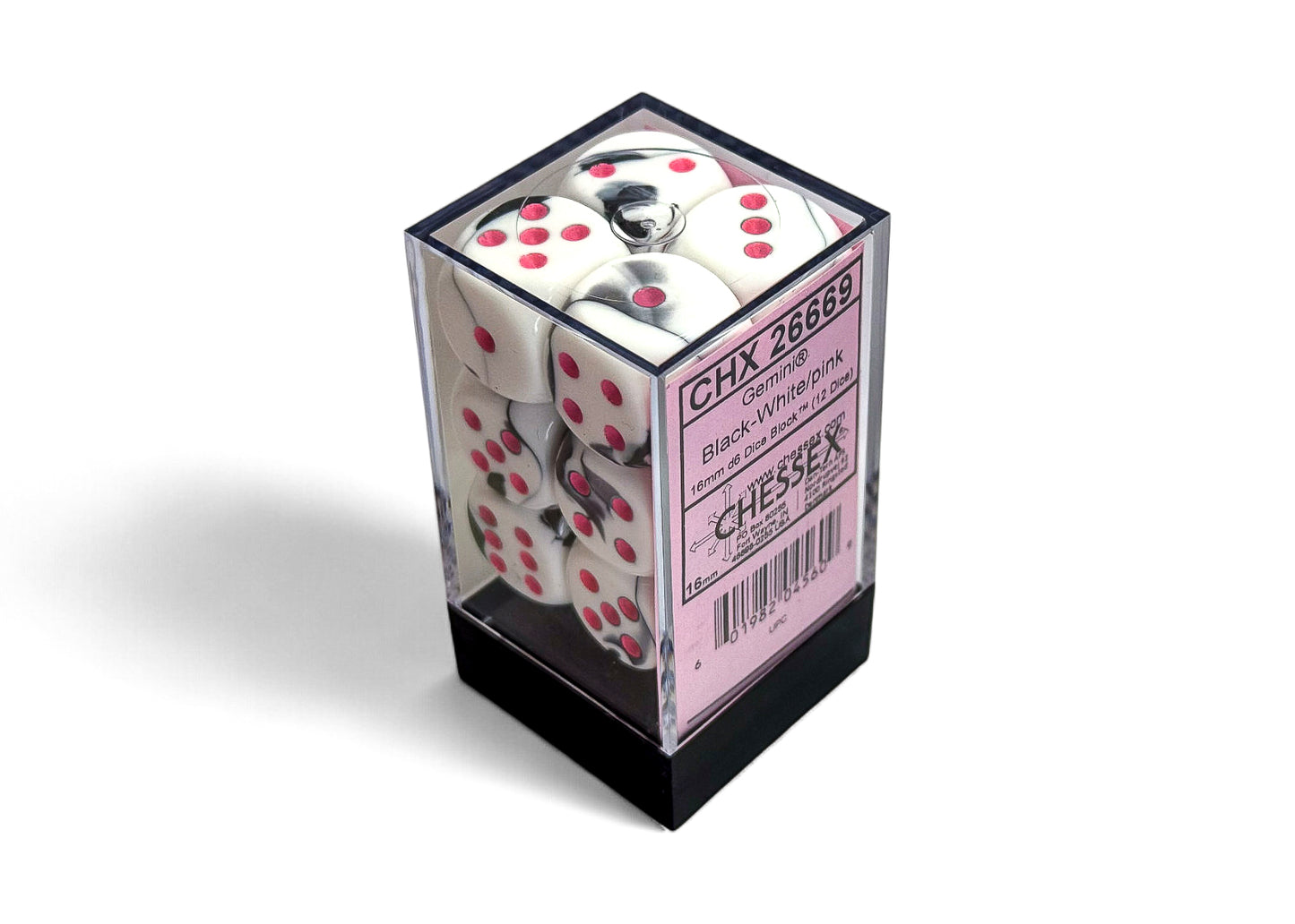 Chessex - Gemini Black-White/pink 16mm d6 Dice Block (12 dice)