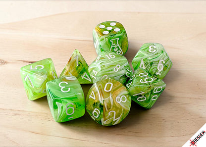 Chessex - Lab Dice Marble Sour Green/white Polyhedral 7-Dice Set (with bonus die)