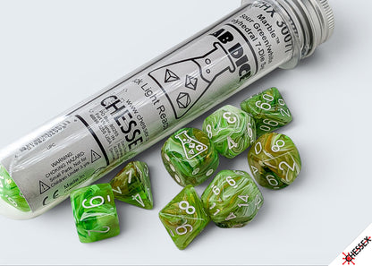 Chessex - Lab Dice Marble Sour Green/white Polyhedral 7-Dice Set (with bonus die)