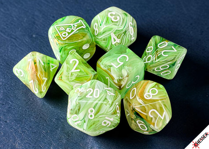Chessex - Lab Dice Marble Sour Green/white Polyhedral 7-Dice Set (with bonus die)