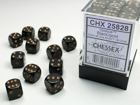 Chessex - Opaque Black/gold 12mm d6 Dice Block (36 dice)