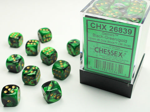 Chessex - Gemini Black-Green/gold 12mm d6 Dice Block (36 dice)