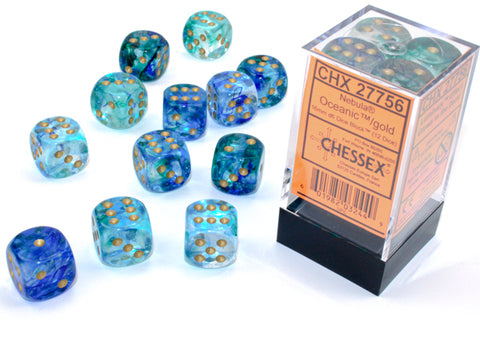 Chessex - Nebula Oceanic/gold Luminary 16mm d6 Dice Block (12 dice)