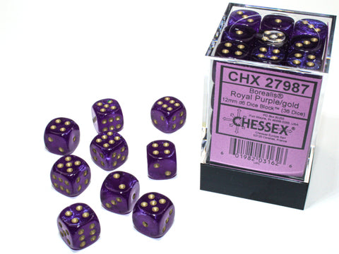 Chessex - Borealis Royal Purple/gold Luminary 12mm d6 Dice Block (36 dice)