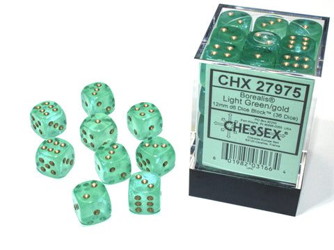 Chessex - Borealis Light Green/gold Luminary 12mm d6 Dice Block (36 dice)