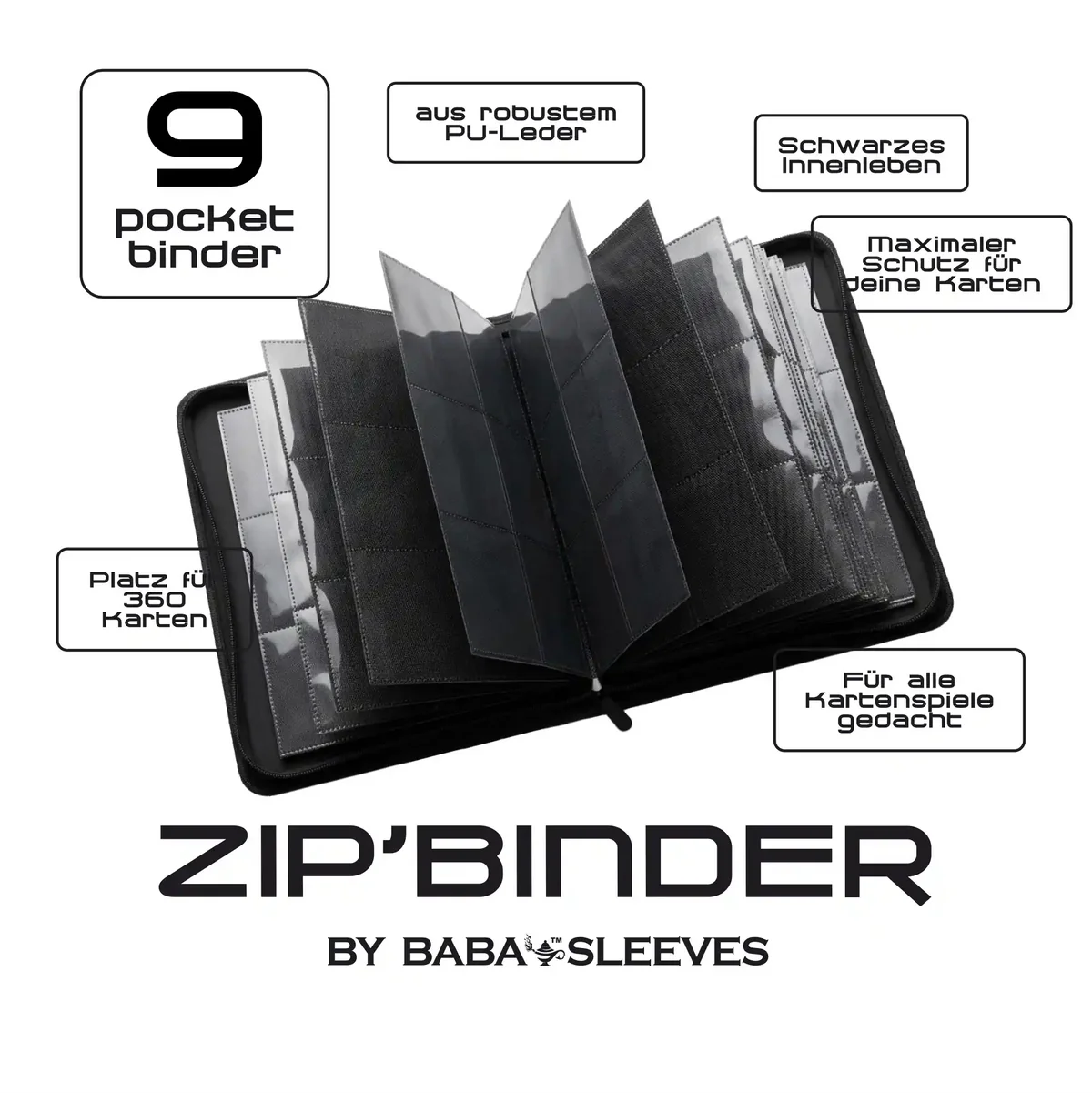 Baba Sleeves - 9-Pocket Zip-Binder Groß Schwarz für 360 Karten